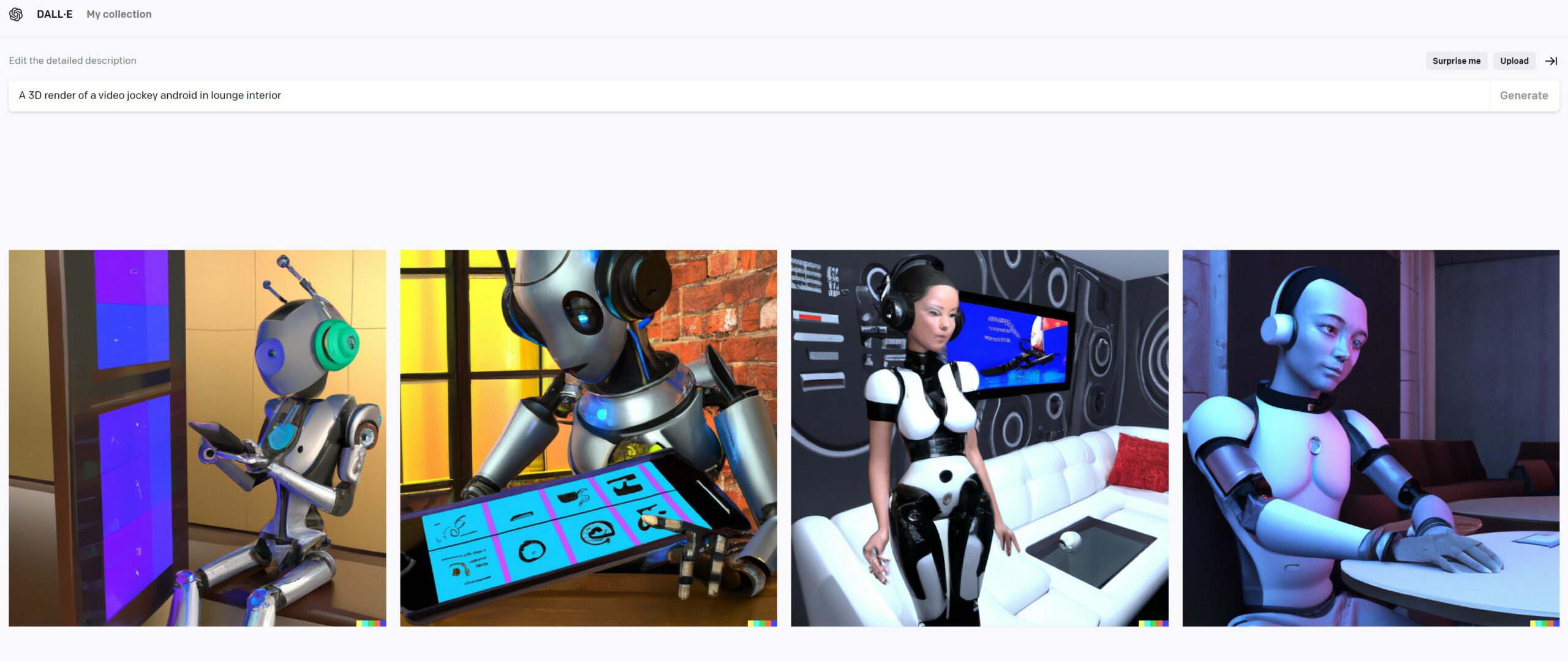A 3D render of a video jockey android in lounge