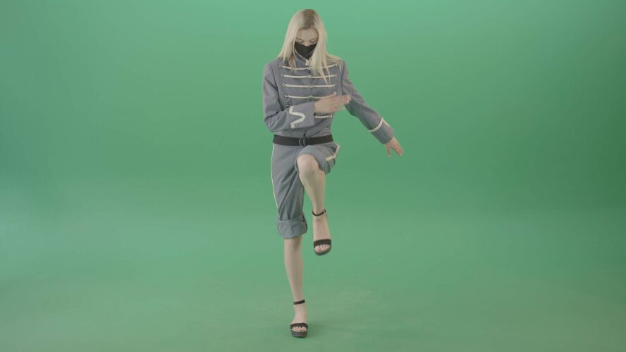 girl in military uniform dancing on green screen 4k video footage