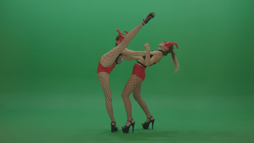 red costume girls with horns on green screen video footage pack